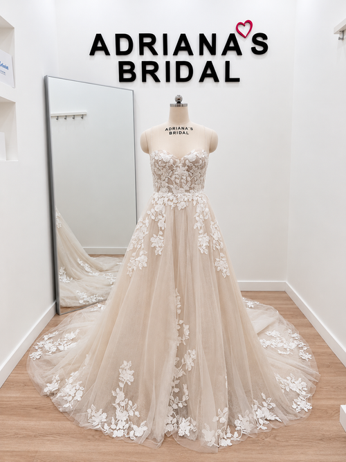Champagne A-Line Wedding Dress with Glitter Tulle, Floral Lace & Cross-Back Straps