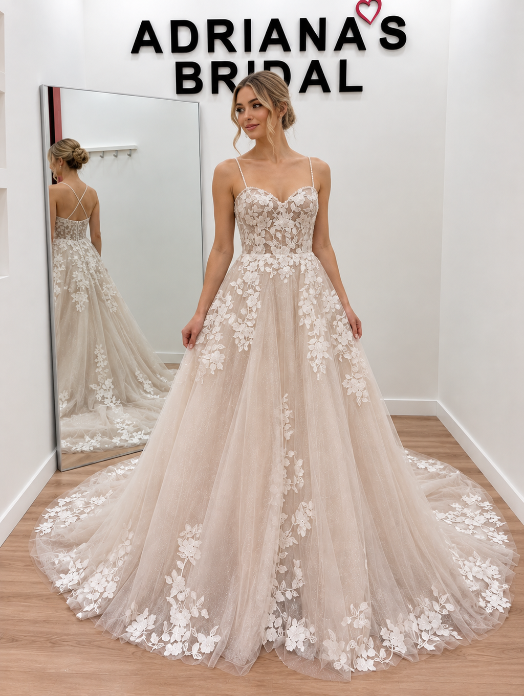 Champagne A-Line Wedding Dress with Glitter Tulle, Floral Lace & Cross-Back Straps