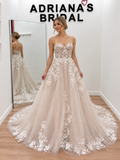 Champagne A-Line Wedding Dress with Glitter Tulle, Floral Lace & Cross-Back Straps