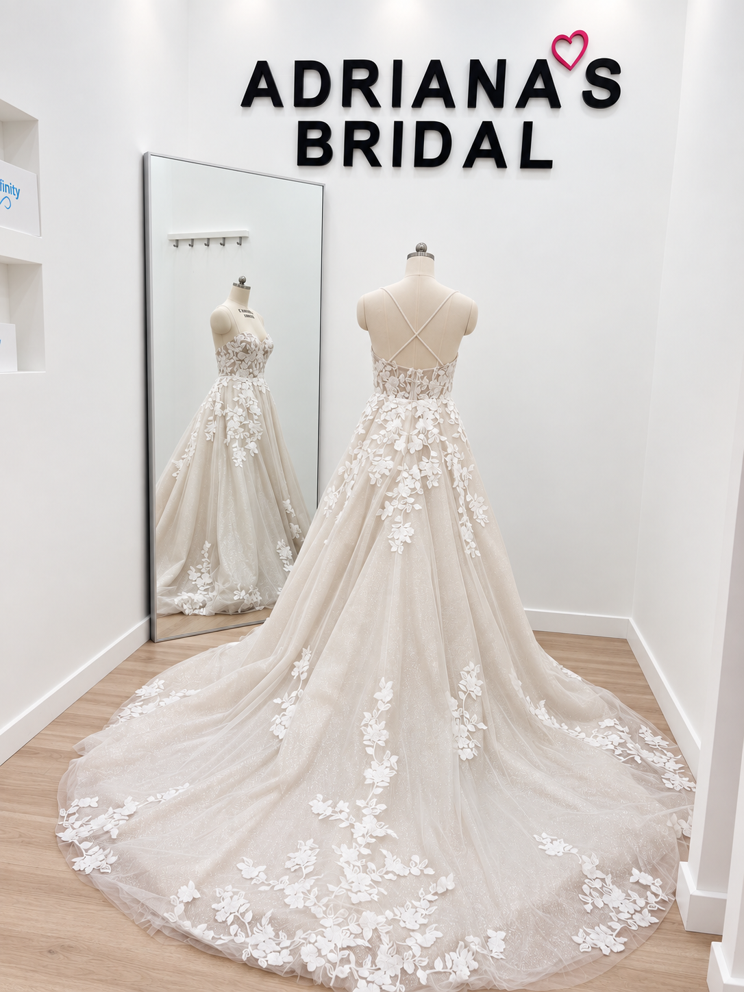 Champagne A-Line Wedding Dress with Glitter Tulle, Floral Lace & Cross-Back Straps
