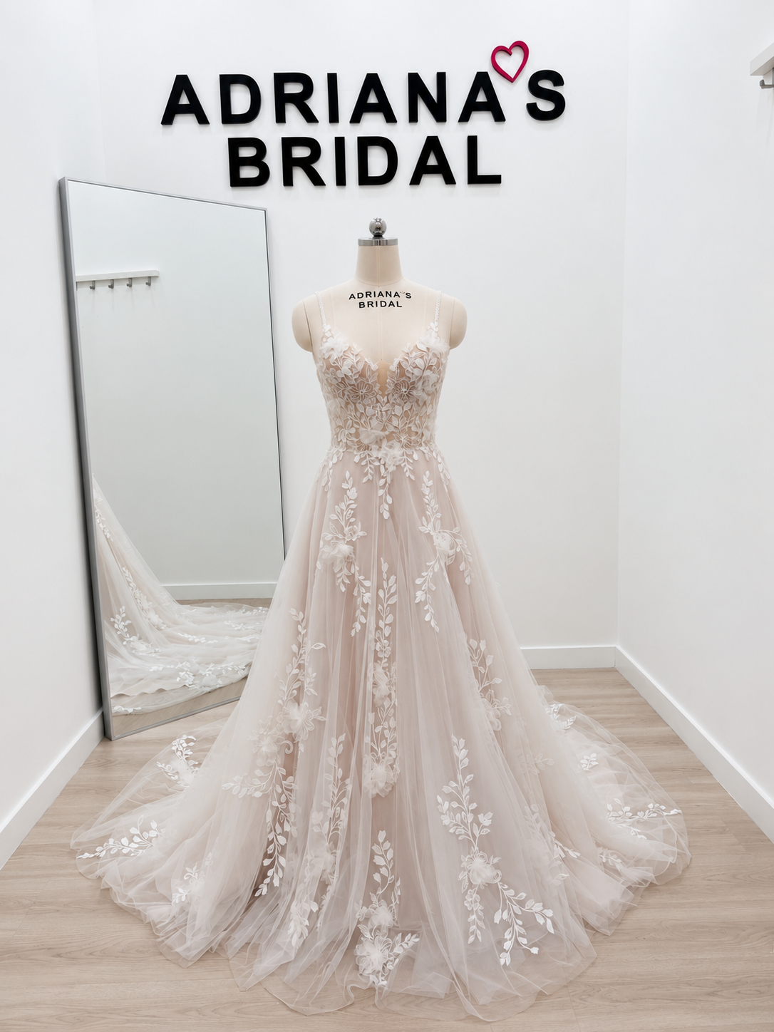 Blush A-Line Wedding Dress with 3D Floral Lace, Sheer Bodice & Beaded Straps