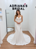 Ivory Bridal Jersey Fit-and-Flare Wedding Dress with Lace Bodice, Beaded Straps & Lace Train| AB-043
