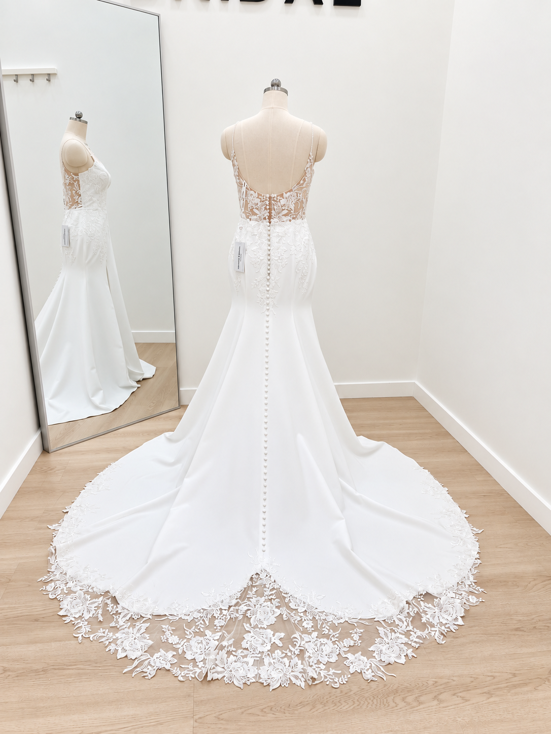 Ivory Bridal Jersey Fit-and-Flare Wedding Dress with Lace Bodice, Beaded Straps & Lace Train| AB-043