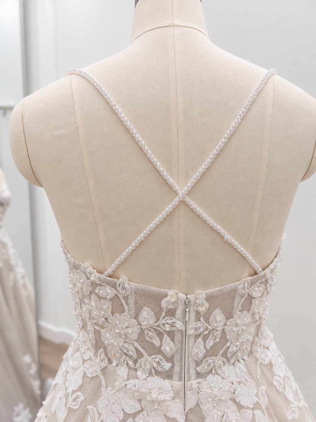 Champagne A-Line Wedding Dress with Glitter Tulle, Floral Lace & Cross-Back Straps