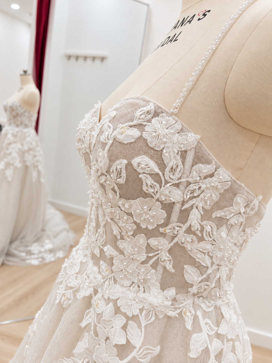 Champagne A-Line Wedding Dress with Glitter Tulle, Floral Lace & Cross-Back Straps
