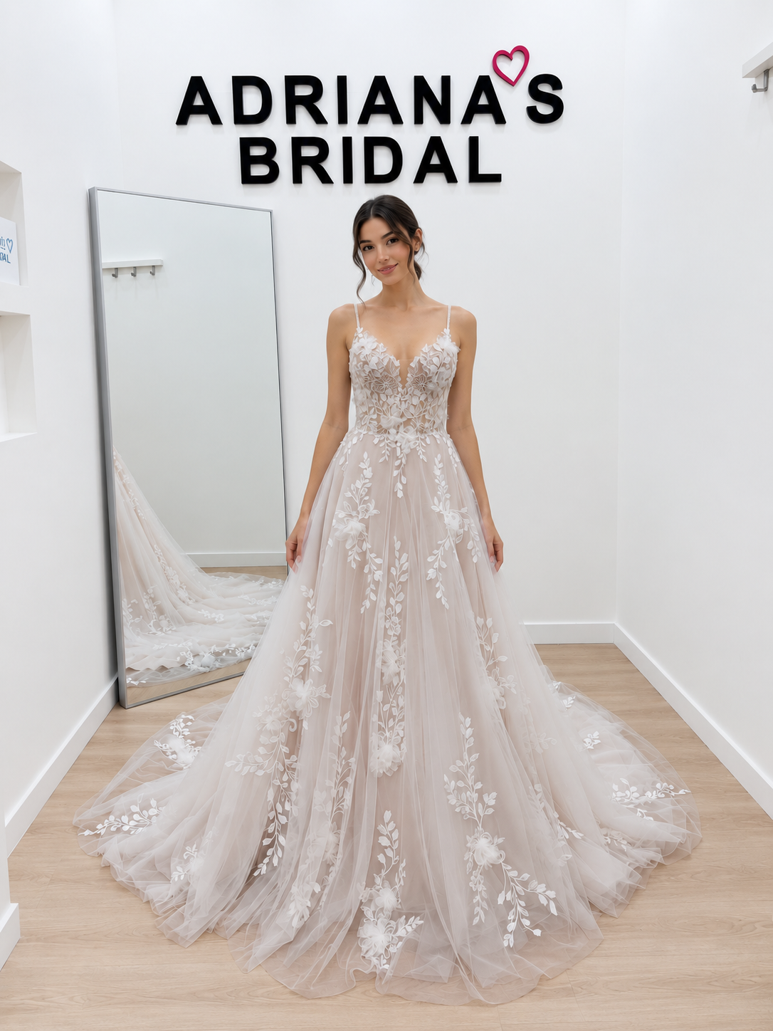 Blush A-Line Wedding Dress with 3D Floral Lace, Sheer Bodice & Beaded Straps