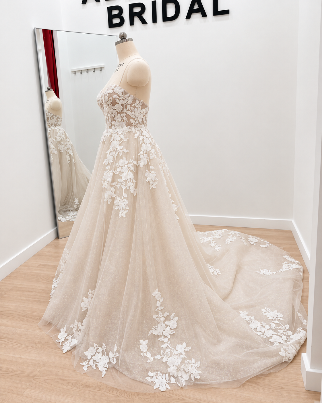 Champagne A-Line Wedding Dress with Glitter Tulle, Floral Lace & Cross-Back Straps