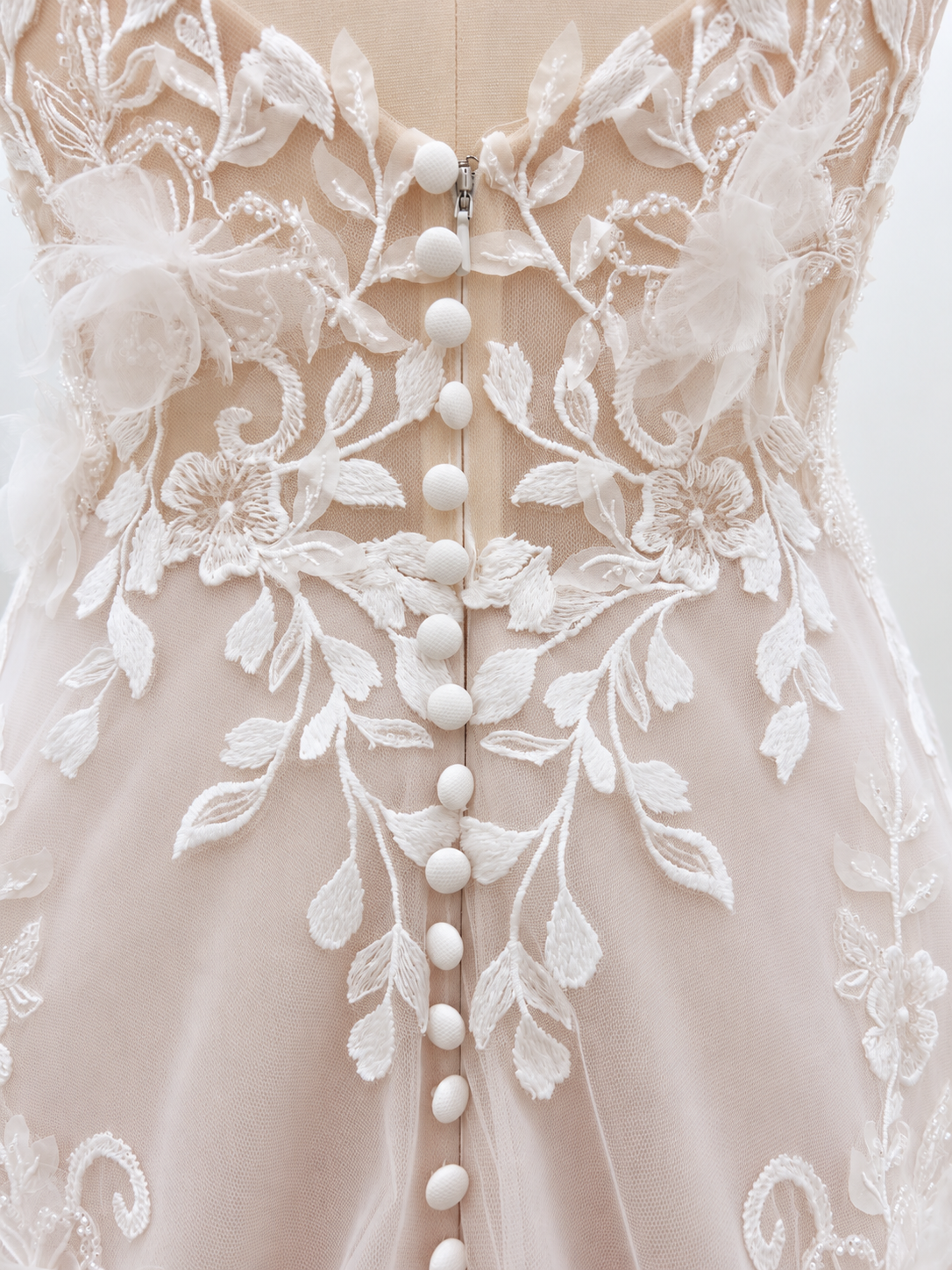 Blush A-Line Wedding Dress with 3D Floral Lace, Sheer Bodice & Beaded Straps
