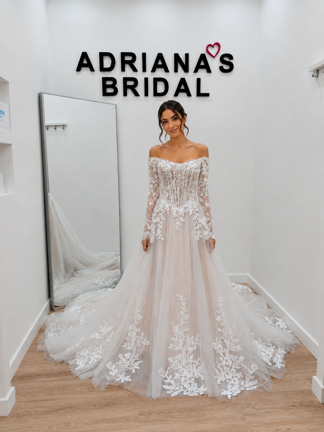 Champagne French Floral Lace Wedding Dress with Off-Shoulder Sleeves, Basque Waist Corset & Glitter Tulle