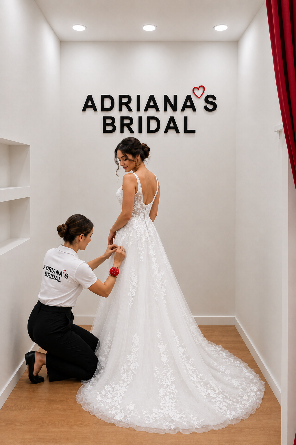 Bride having her wedding dress fitted by a seamstress at Adriana’s Bridal in Milton Keynes